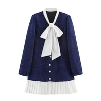 Seren | Pussy-Bow Neck Bouclé Knit Bodice Pearl Button Pleated Skirt Mini Dress