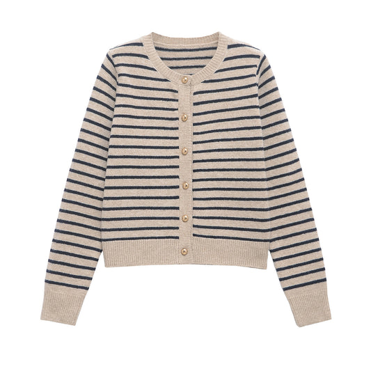 Vera | Striped Crew Neck Cardigan Burgundy Long Sleeve Fitted