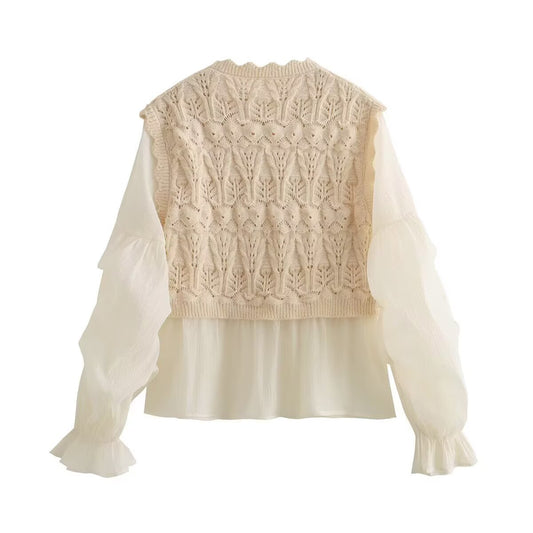 Edie | Elegant Crochet Knitted Top Cream Puff Sleeve