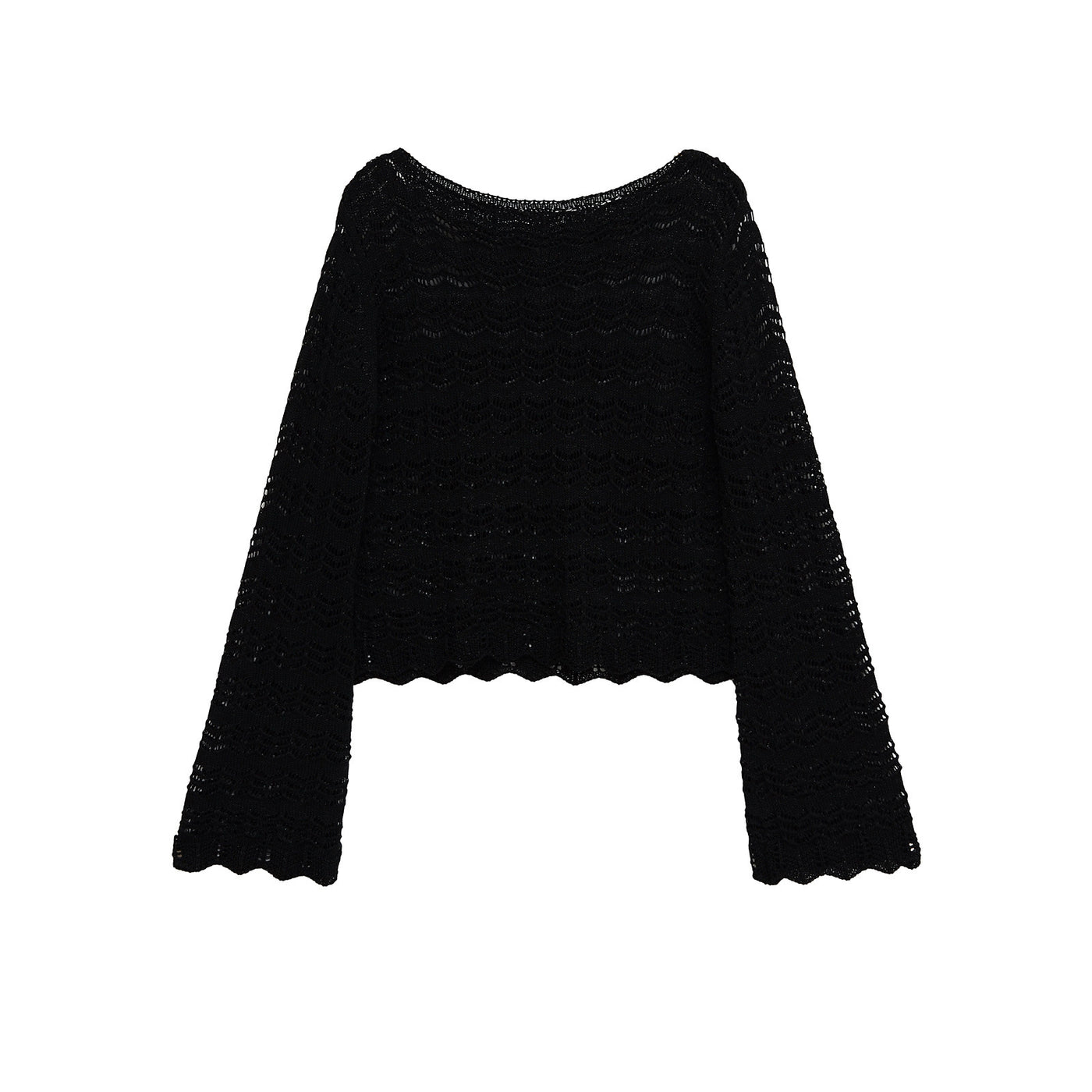 Hallie | Wide Boat Neck Flared Sleeve Scalloped Hem Open Crochet Crop Top