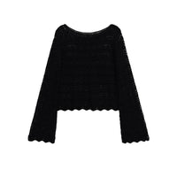 Hallie | Wide Boat Neck Flared Sleeve Scalloped Hem Open Crochet Crop Top