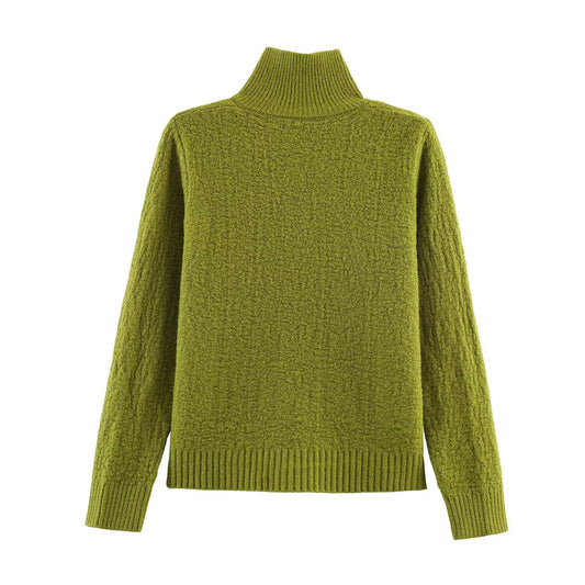 Maren | Autumn Knitted Cardigan Green Long Sleeve Button Front High Neck