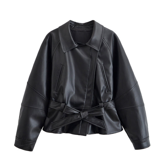 Lena | Leather Jacket Black Belted Cropped
