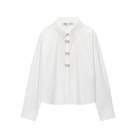 Mimi | Elegant Cropped Shirt White Bow Buttons