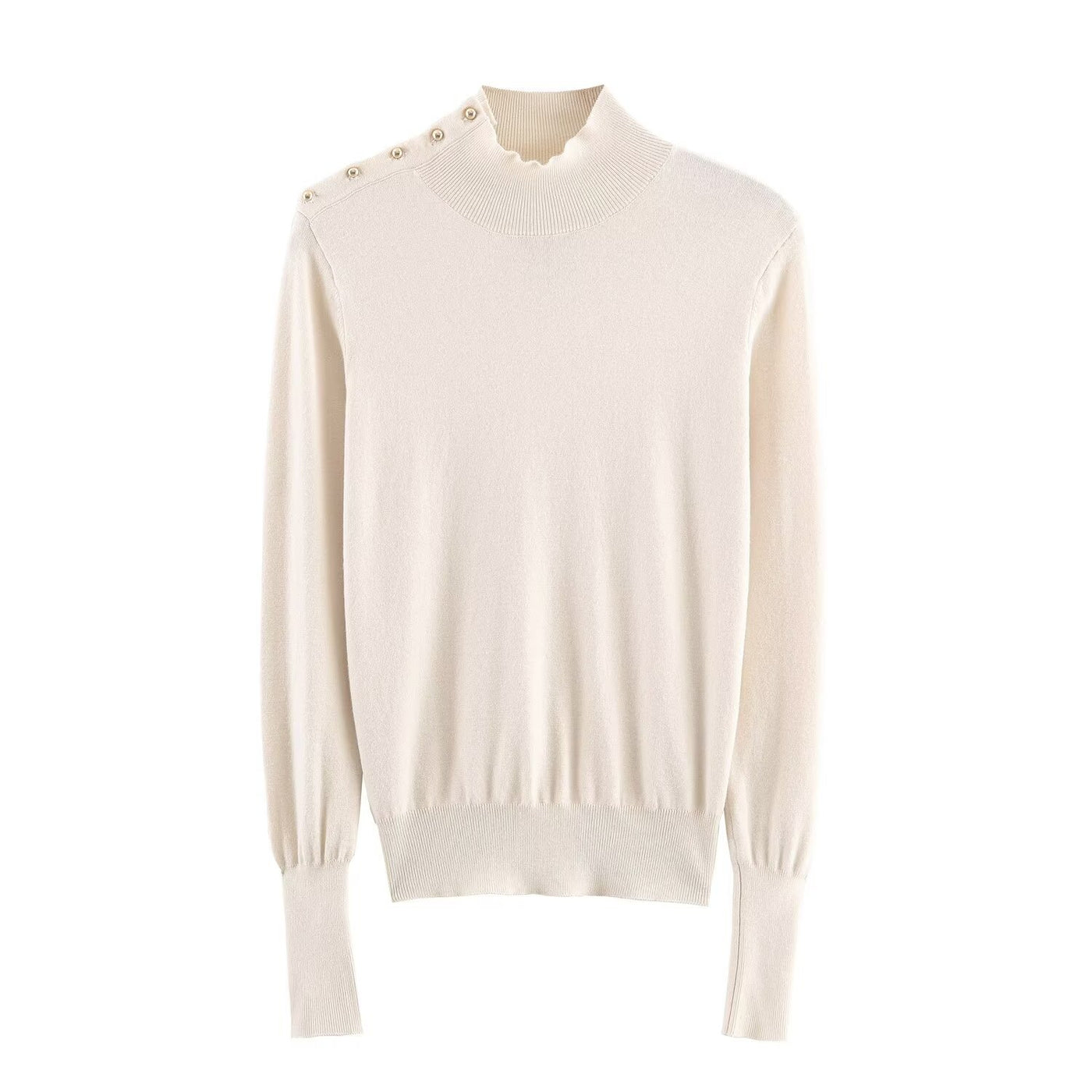 Sophie | Mock Neck Gold Shoulder Button Puff Shoulder Ribbed Fitted Knit Top