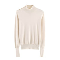 Sophie | Mock Neck Gold Shoulder Button Puff Shoulder Ribbed Fitted Knit Top