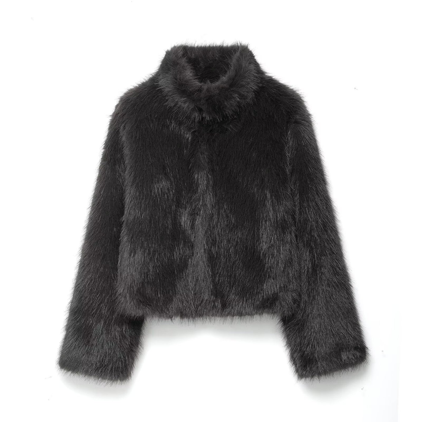 Francesca | Black Faux Fur High Collar Cropped Jacket