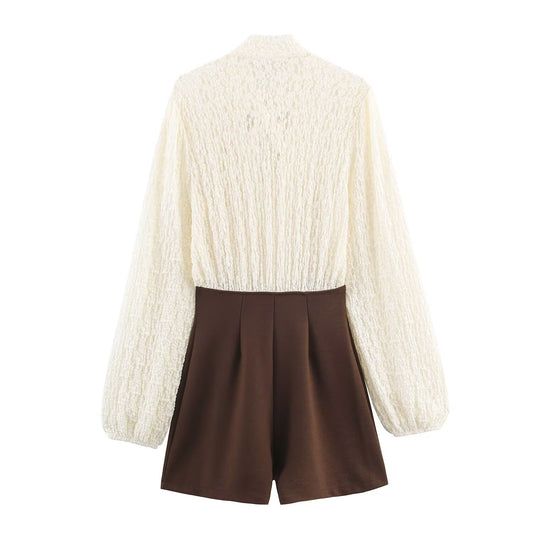 Lena | Elegant Tie Neck Cream Shorts Set Brown Pleated