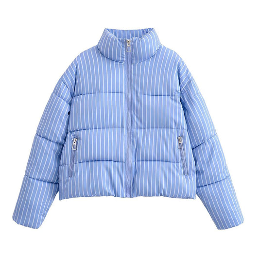 Iris | Quilted Puffer Jacket Light Blue Striped Cropped Oversized