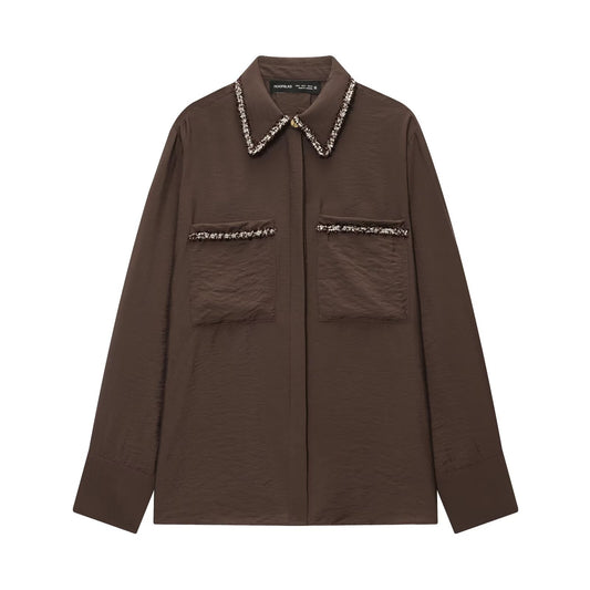 Evie | Smart Casual Brown Shirt Embellished Collar
