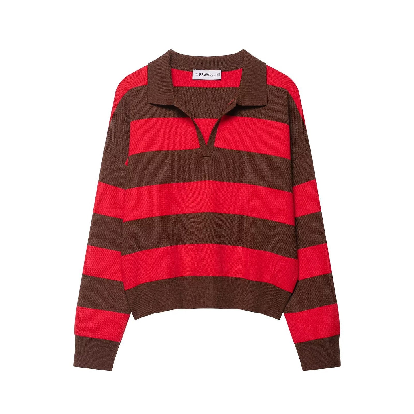 Lily | Red Cosy Striped Knit Long Sleeve Polo Jumper