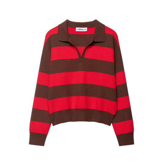 Lily | Red Cosy Striped Knit Long Sleeve Polo Jumper