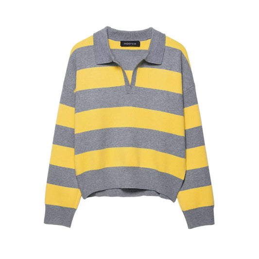 Ella | Yellow Stylish Striped Knit Polo Jumper