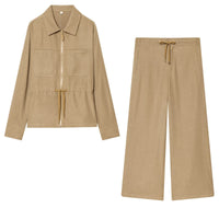 Bella | Faux Suede Zip Jacket Wide Leg Pants Set