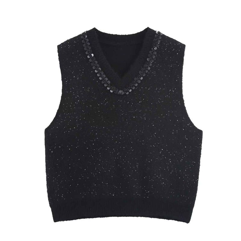 Lola | Knitted Vest Top Grey Sleeveless V Neck Rhinestone Trim