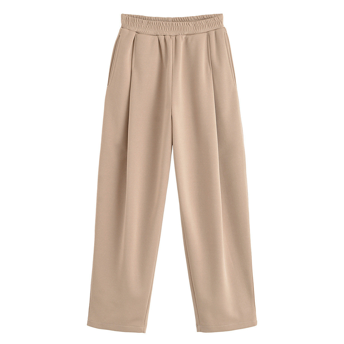 Faye | Elasticated Waist Stitched Pleat Wide-Leg Jersey Trousers in Blue, Brown and Khaki