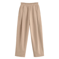 Faye | Elasticated Waist Stitched Pleat Wide-Leg Jersey Trousers in Blue, Brown and Khaki