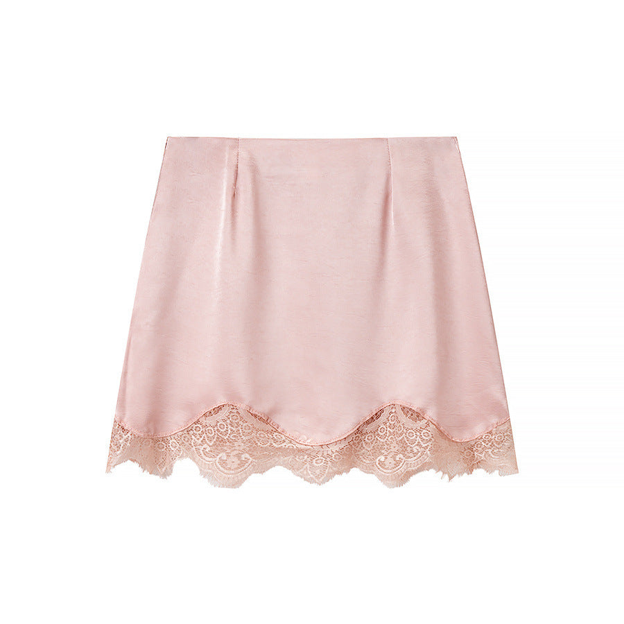 Una | Satin Scalloped Lace Trim Mini Skirt