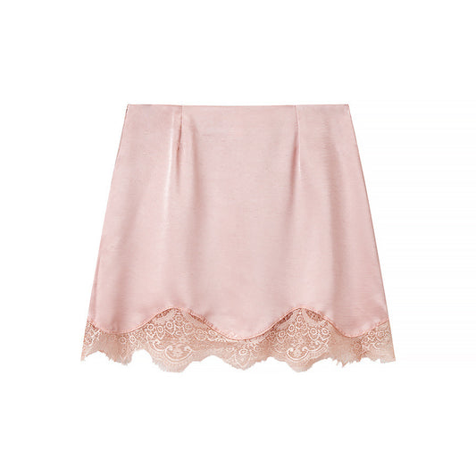 Paloma | Elegant Satin Mini Skirt Pink Lace Trim