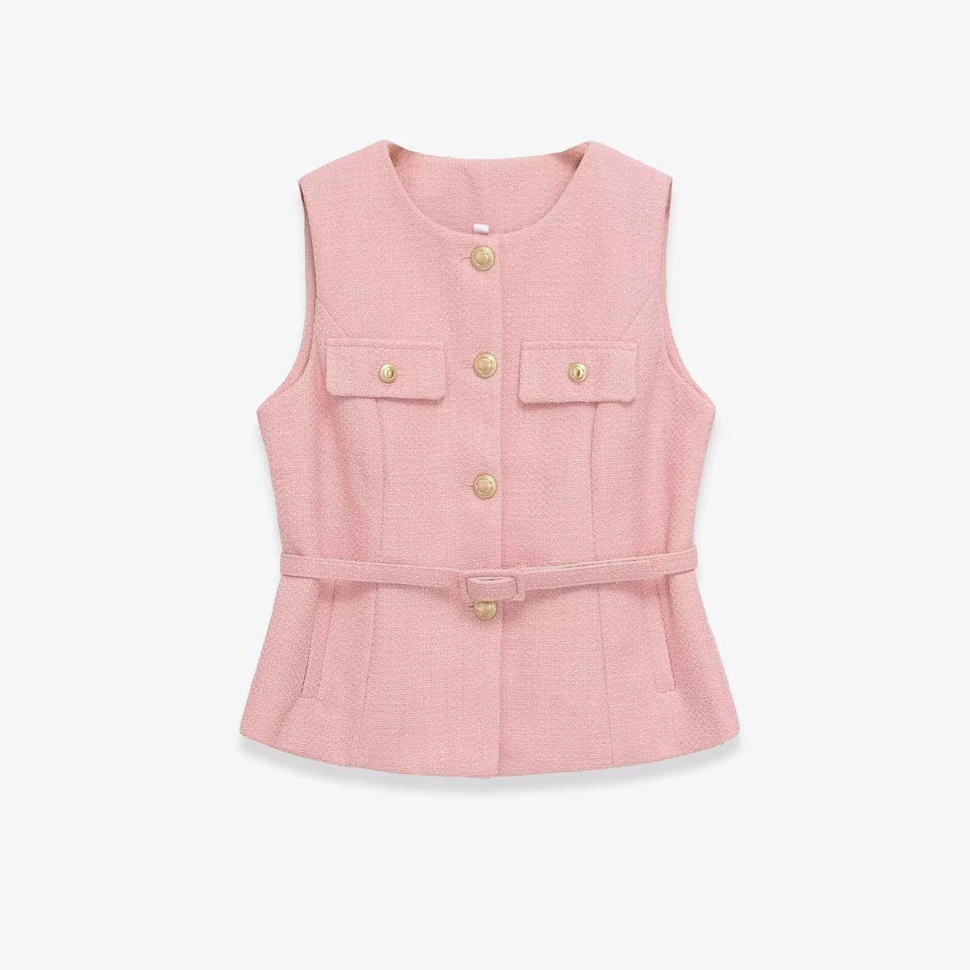Gemma | Elegant Sleeveless Blazer Black Tweed Belted Gold Button