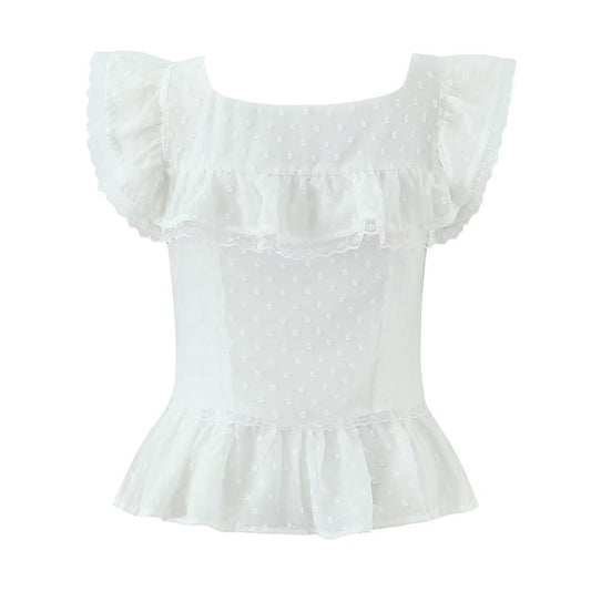 Liv | Summer Peplum Top White Square Neck Sleeveless Lace Ruffle