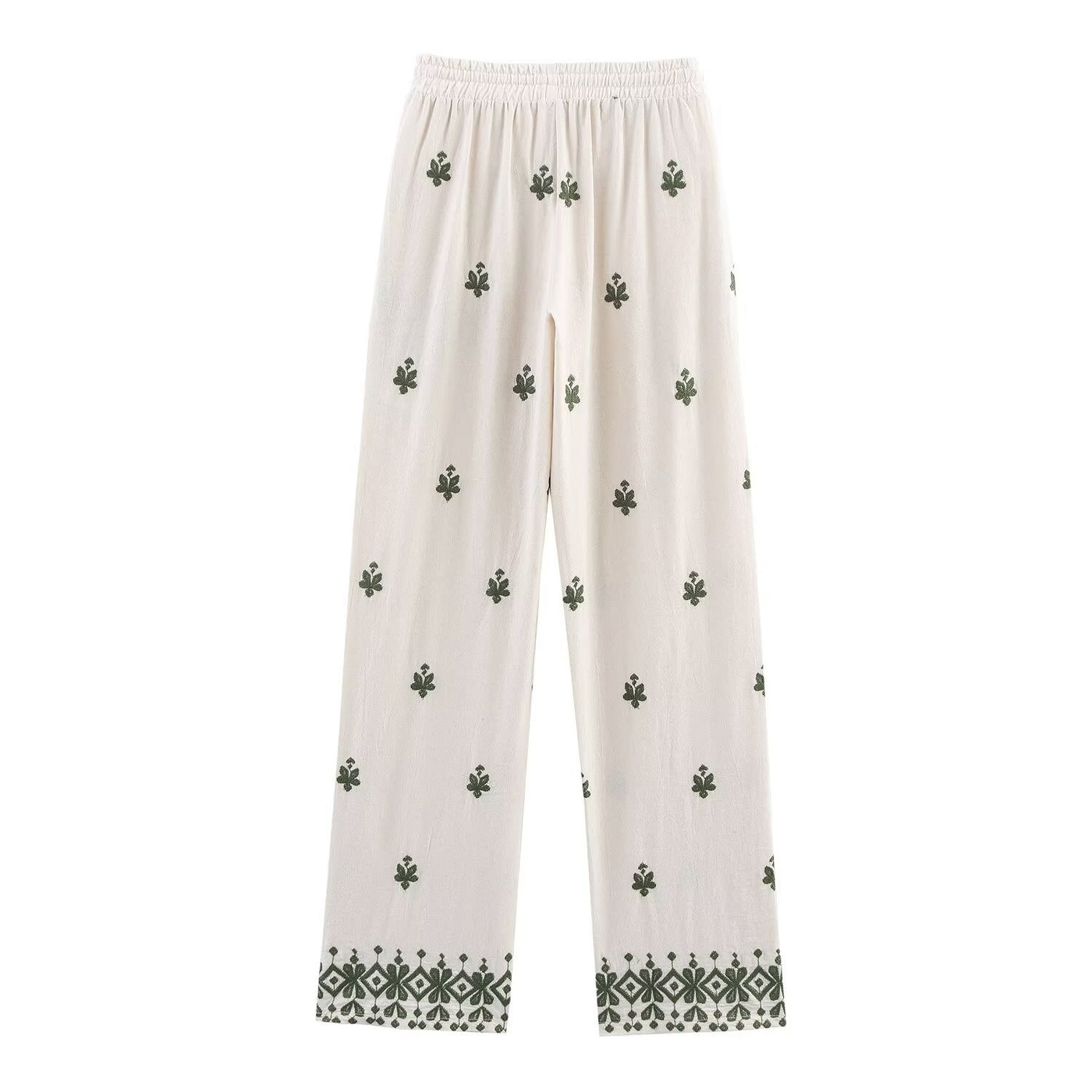 Hazel | Embroidered Drawstring Geometric Hem Wide-Leg Linen Trousers in Cream