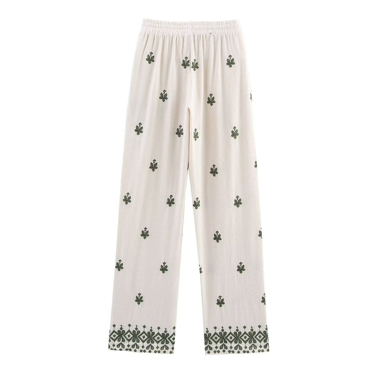 Hazel | Embroidered Drawstring Geometric Hem Wide-Leg Linen Trousers in Cream
