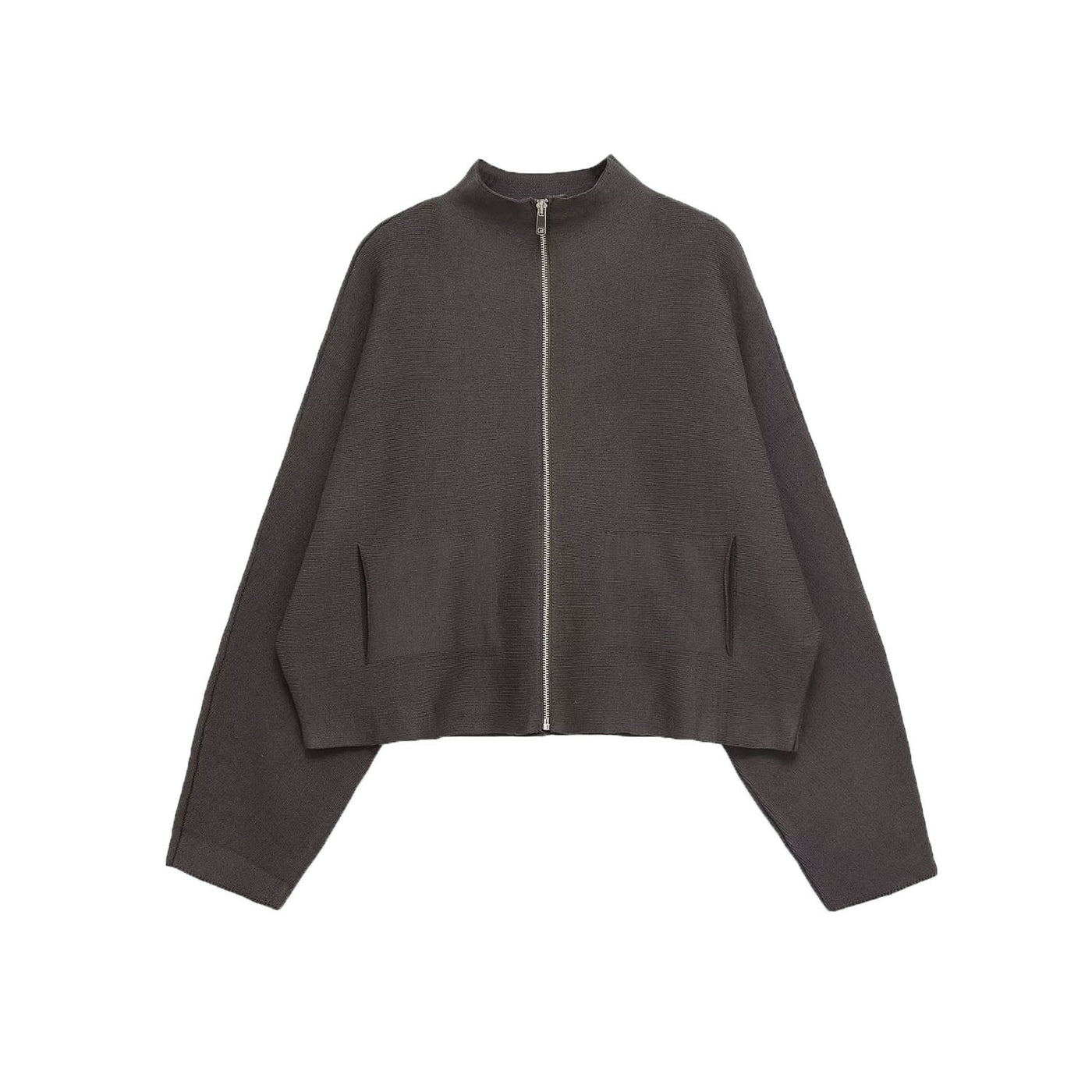 Ruby | High Stand Collar Zip Front Dropped Shoulder Patch Pocket Cropped Cardigan