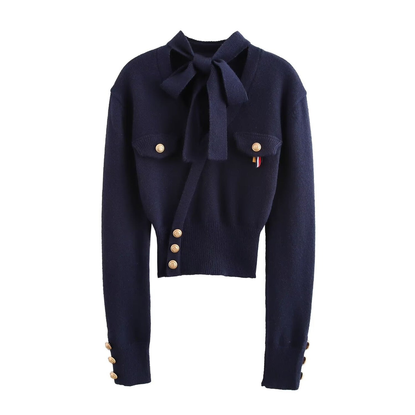 Robyn | Pussy-Bow Gold Button Twin Pocket Cropped Knit Top