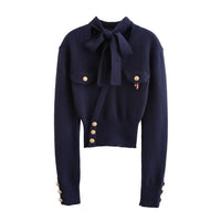 Robyn | Pussy-Bow Gold Button Twin Pocket Cropped Knit Top