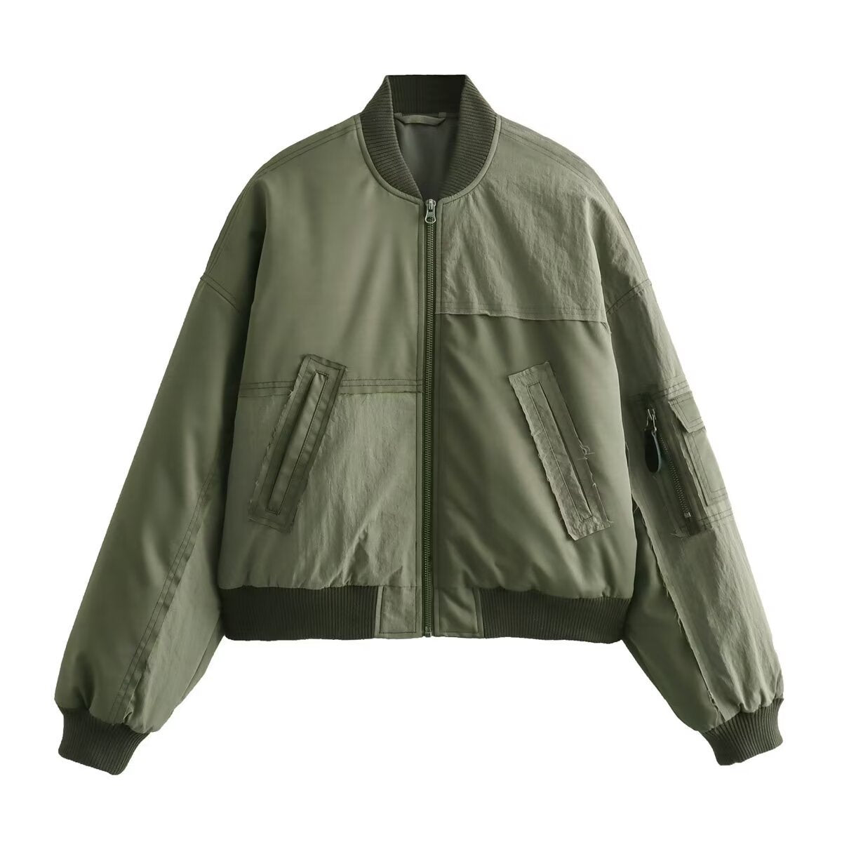 Freya | Casual Oversized Green Bomber Jacket Khaki Utility Zip Up