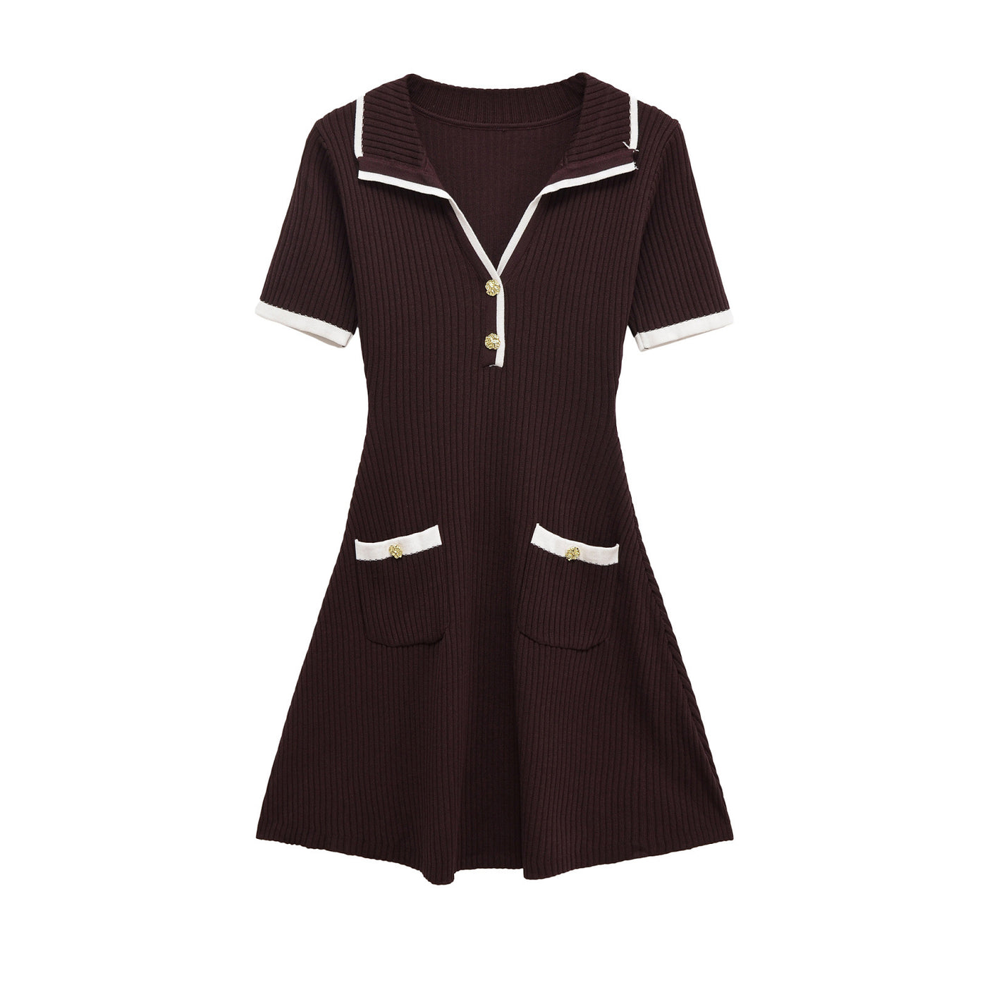 Amelia | Polo Collar Gold Button Patch Pocket Ribbed Knit Mini Shirt Dress