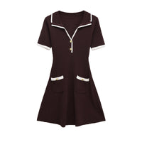 Amelia | Polo Collar Gold Button Patch Pocket Ribbed Knit Mini Shirt Dress