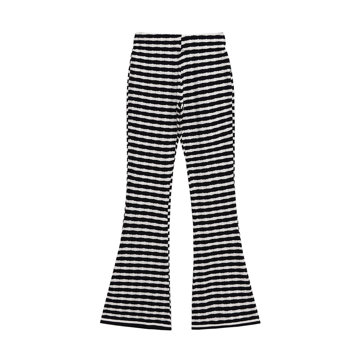 Harriet | High-Waist Monochrome Stripe Flared Wide-Leg Ribbed Knit Trousers