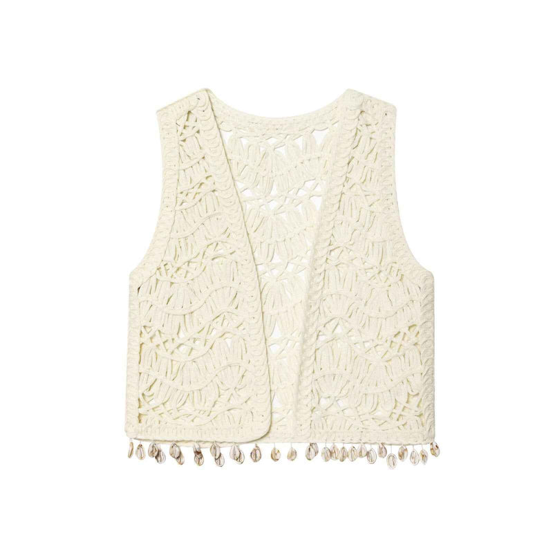 Noa | Summer Crochet Cardigan Cream Sleeveless Shell Tassel