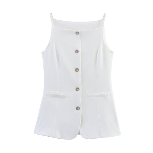 Tallulah | Square Neck Top White Sleeveless Button Front Fitted