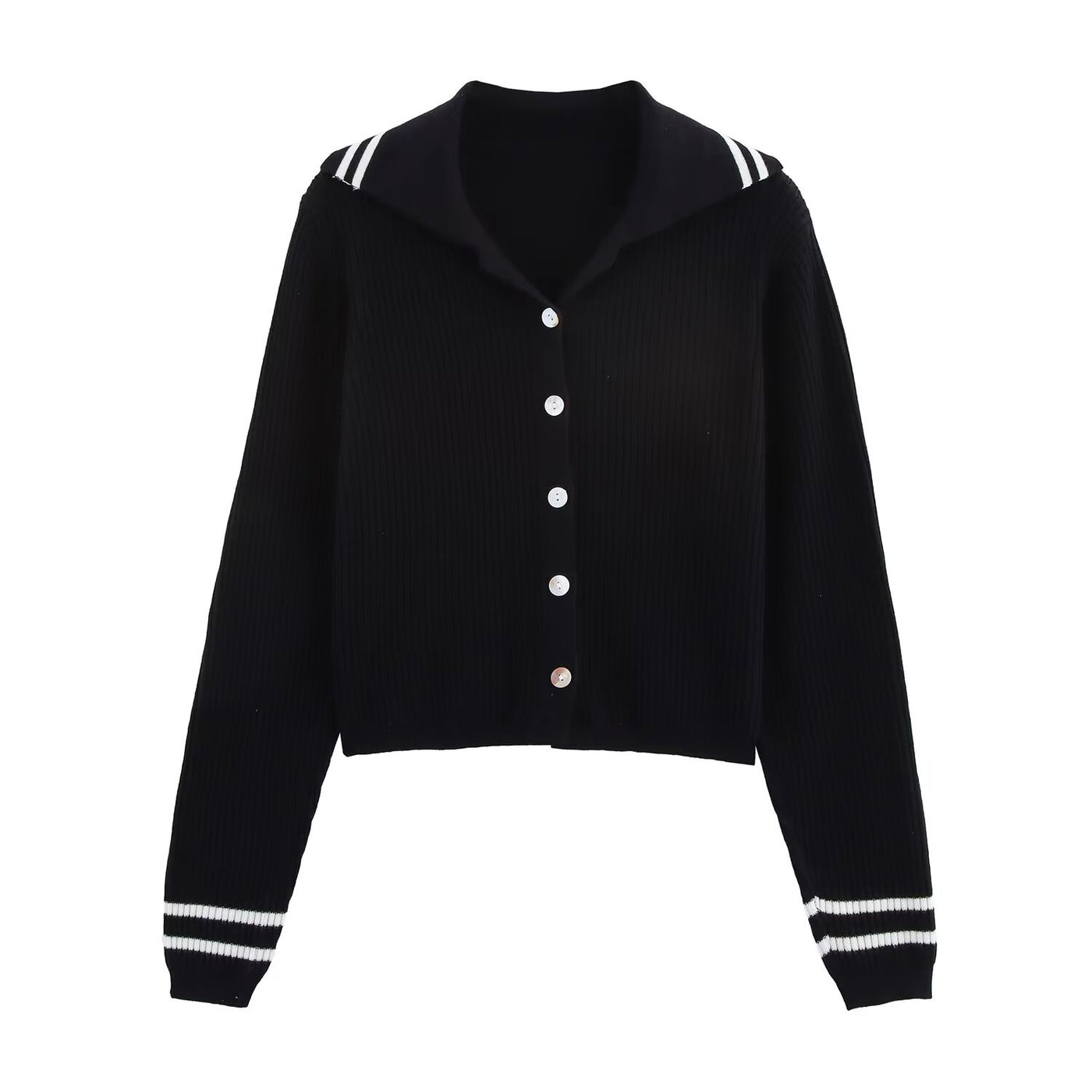 Aria | Polo Collar Striped Trim Button Front Ribbed Cropped Cardigan