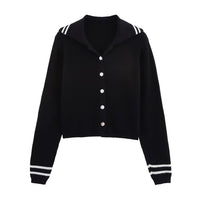 Aria | Polo Collar Striped Trim Button Front Ribbed Cropped Cardigan