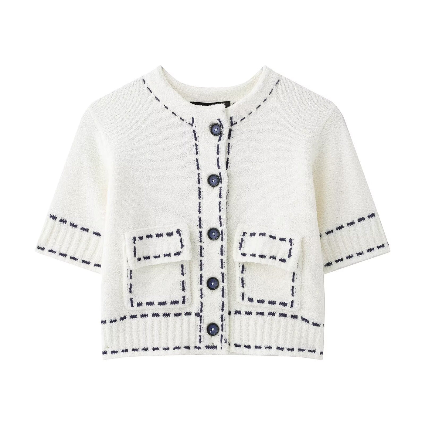 Willow | Contrast Stitch Round Neck Short Sleeve Patch Pocket Cropped Knit Cardigan