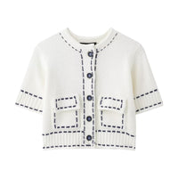 Willow | Contrast Stitch Round Neck Short Sleeve Patch Pocket Cropped Knit Cardigan