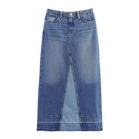 Charlotte | A-Line Contrast Panel Denim Maxi Skirt