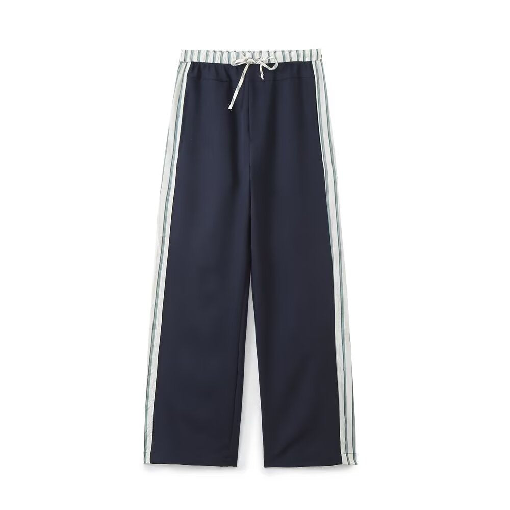 Eliana | Striped Waistband Drawstring Vertical Stripe Wide-Leg Trousers in Navy