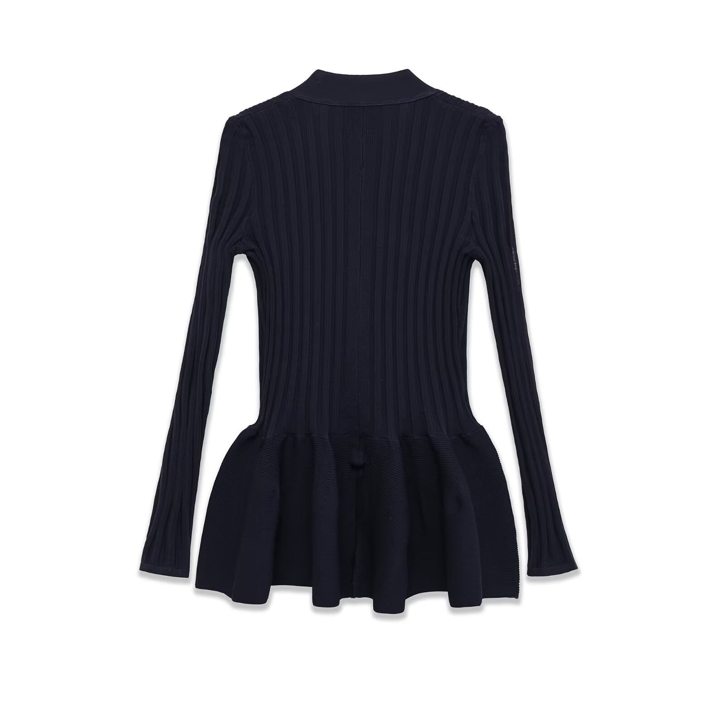 Ember | Elegant Peplum Blouse Navy Ribbed Knit Long Sleeve V Neck
