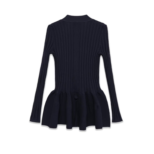 Ember | Elegant Peplum Blouse Navy Ribbed Knit Long Sleeve V Neck