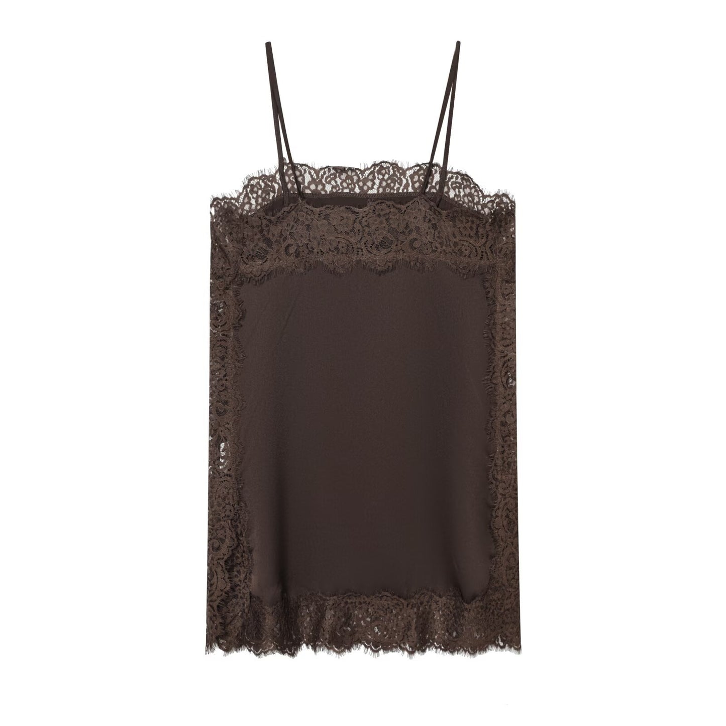 Iris | Elegant Satin Cami Top Brown Lace Trim Sleeveless