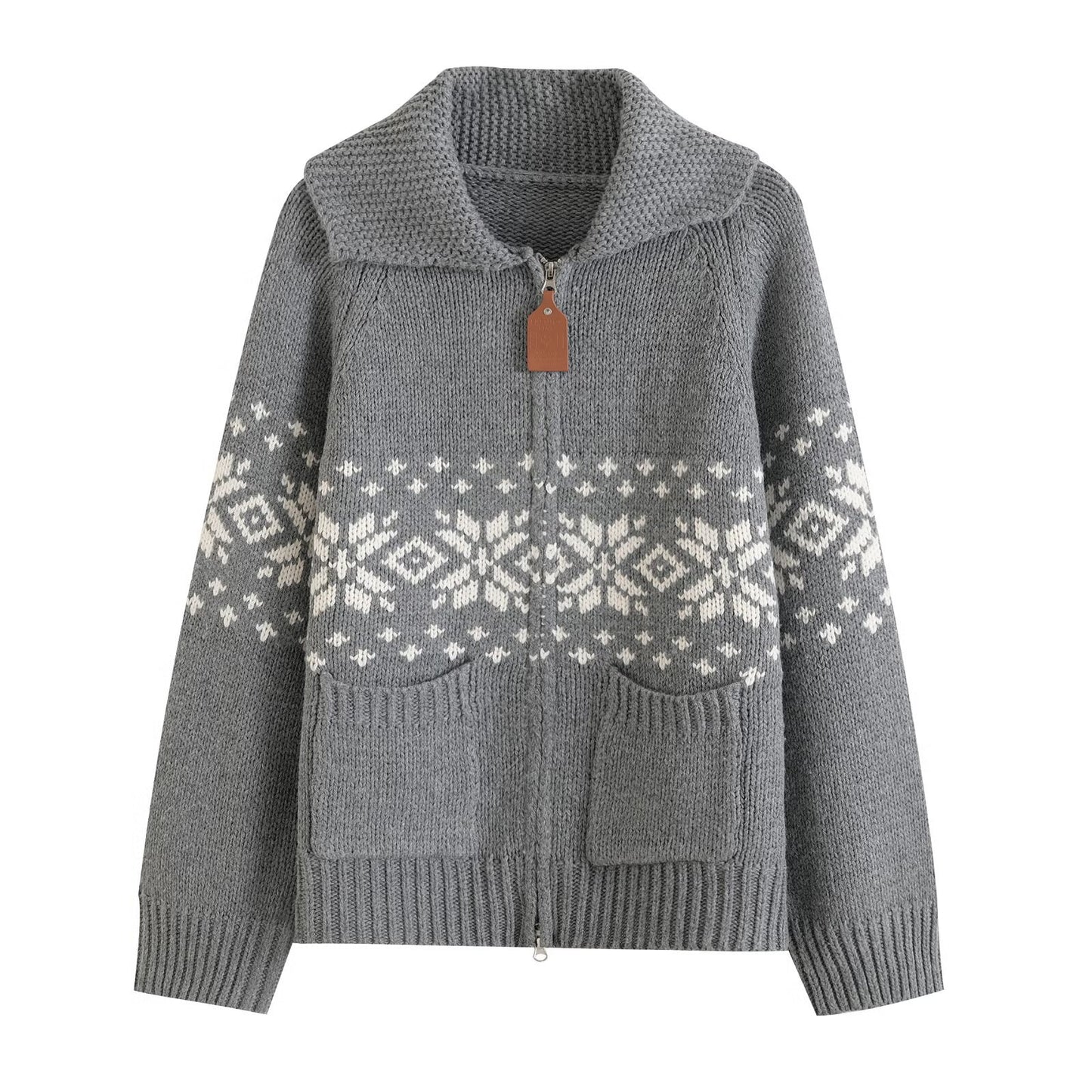 Lux | Winter Snowflake Zip Cardigan Grey White Knitted