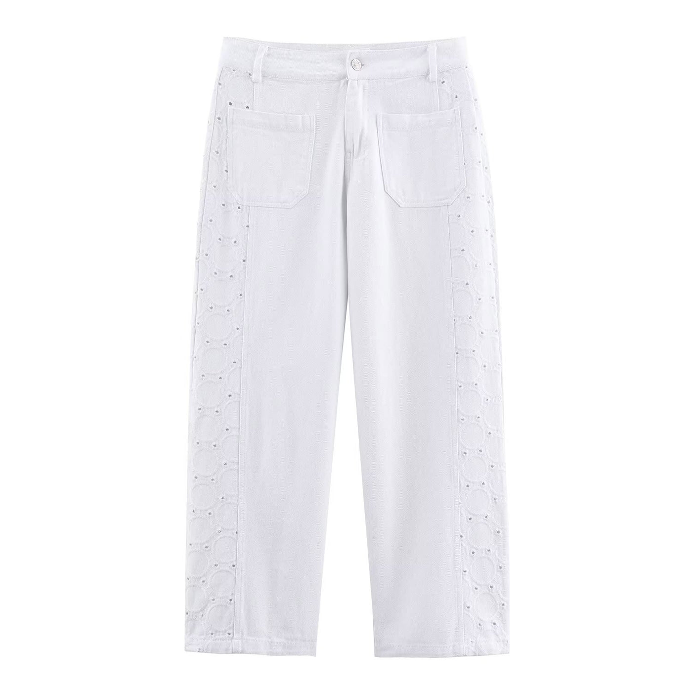 Natalia | High-Rise Broderie Anglaise Panel Cropped Wide-Leg Jeans in White