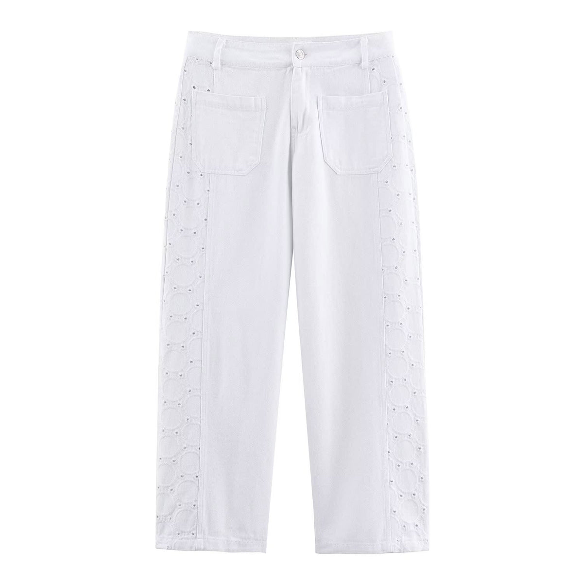 Natalia | High-Rise Broderie Anglaise Panel Cropped Wide-Leg Jeans in White
