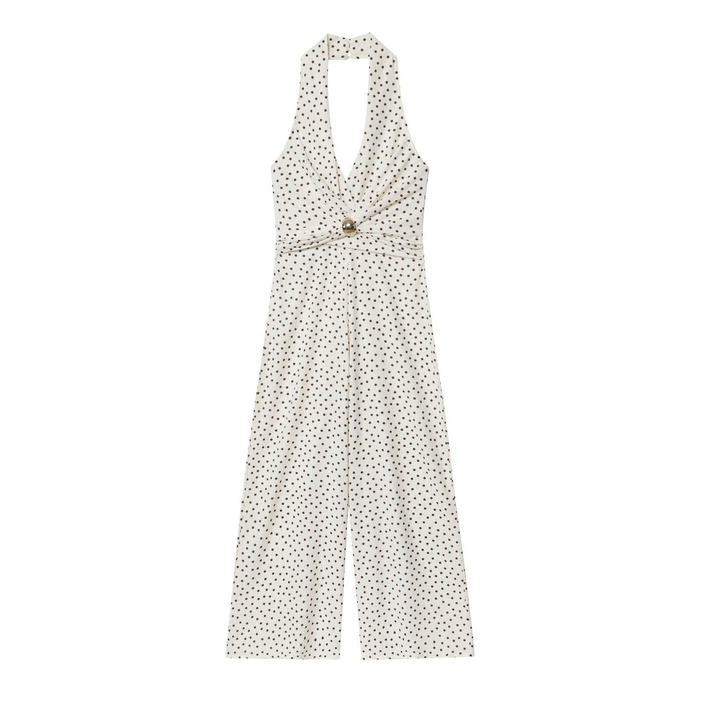 Alicia | Deep V Halter Polka Dot Twisted Bust Gold Hardware Wide-Leg Jumpsuit in Cream