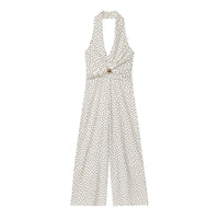 Alicia | Deep V Halter Polka Dot Twisted Bust Gold Hardware Wide-Leg Jumpsuit in Cream